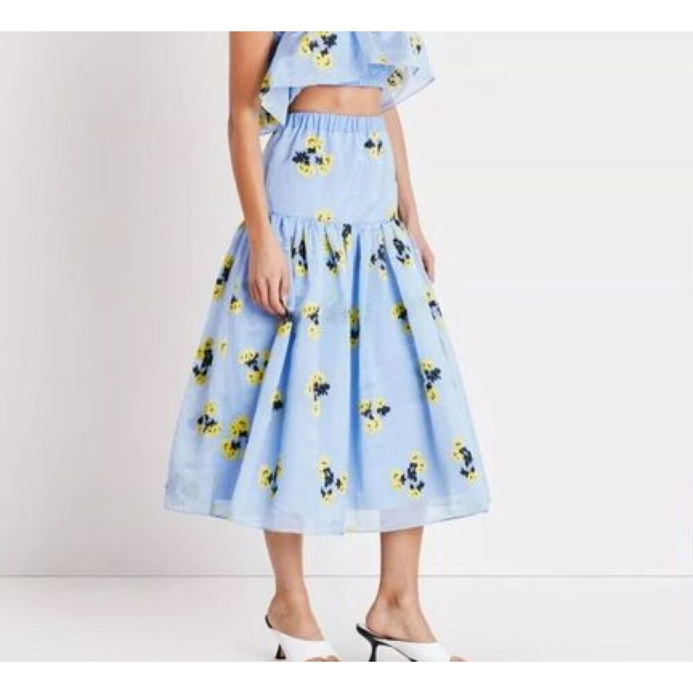 TANYA TAYLOR Lara Floral Midi A-Line Skirt Blue/Yellow NWT Small